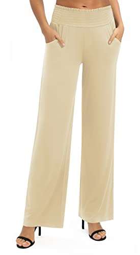 Mujeres Casual Sólido Suelto Anchas Pierna Palazzo Pantalones Elástico Cintura Yoga Pantalones con Bolsillos(XL, Visón Plata)