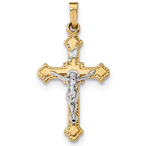 RP 14K Gold Crucifix Necklace for Women & Men, Two Tone White & Yellow Gold, Pendant with 18 inch 14K Chain, Polished-Gold Crucifix Necklace for Men & Women, Handcrafted Religious Jewelry in the USA