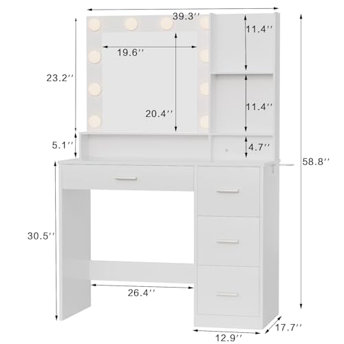 Image of YESHOMY 39 inch Vanity Desk with Mirror & Lights, Makeup Vanity Table with Power Outlet & Storage Drawers, 3 Color LED Lighting, Dressing Table for Bedroom, White