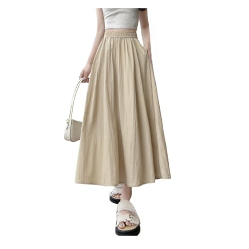 Monkay Cotton Linen Maxi Skirt for Women High Waist Elastic A-Line Flowy with Pockets Lightweight Basic Fashion Chic Beach