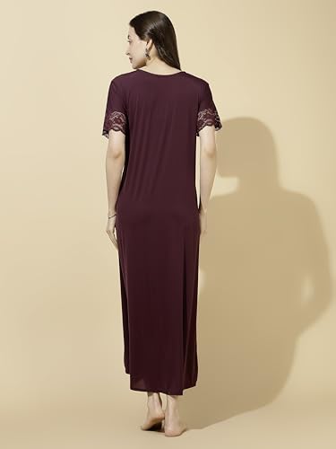 Image of 9shines Label Stylish Soft Modal Maxi Nighty | Honeymoon Nighty | Full Length Trendy Nightgown | V-Neck Lace | Premium Nightdress | Soft Long Nightdress | Maxi Gown Nightwear for Women (Malai Satin)