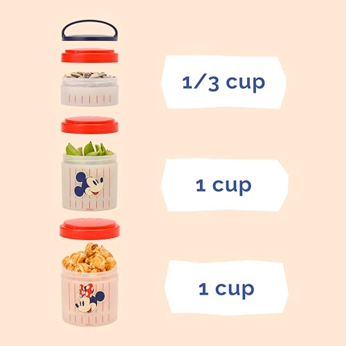 Image of Whiskware Disney Mickey Mouse and Friends Stackable Snack Containers for Babies, Toddlers, and Kids, 3 Stackable Snack Cups for School and Travel, Cupholder Friendly, Mickey and Minnie! Baseball!