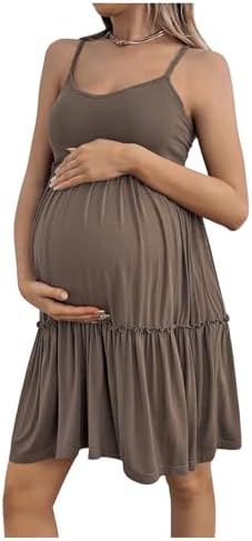 MakeMeChic Women's Maternity Dress Spaghetti Strap Frill Trim Tiered Ruffle Preg