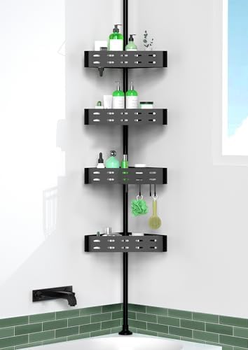 KEGII Corner Shower Caddy Tension Pole - Shower Tension Rod Organizer, Floor to Ceiling Shower Caddy 25-114.2 inch, Towel Rack Corner Waterproof, Dark Black