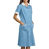 CCHYZKSO Nurse Dress for Women Button Down Lapel Short Sleeve Scrub Uniforms Housekeeping Salons Spa Pocket Work Dresses 01-Light Blue