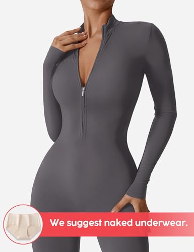 YEOREO Women Long Sleeve Workout Jumpsuit Zip Up Romper Bottom Pants Bodysuit Bodycon Sexy One Piece Grey S - Thumbnail 4