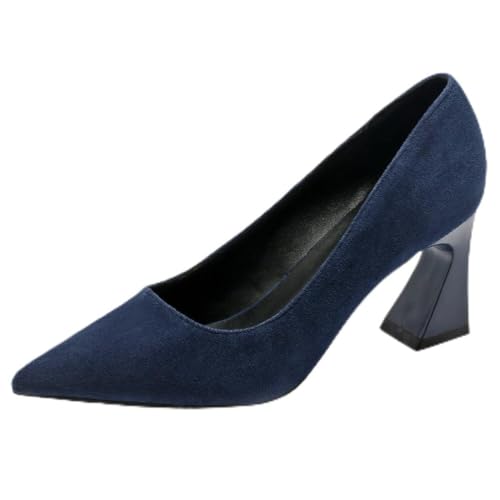Qynthra Zapatos de Corte Clásicos Mujer Ante Punta Afilada Pumps Tacón Ancho Grueso Tacones de Vestir Urbanos de Lujo Ajuste Ancho Zapatos de Tacón de Oficina para Estilo Laboral,Blue 5cm,34 EU