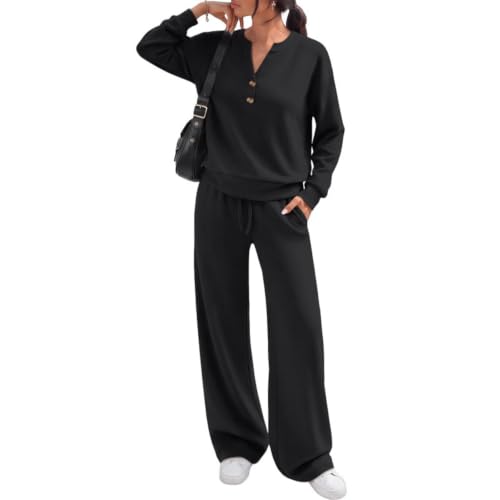Shiketong Women's 2 Piece Henley V Neck Fall Lounge Set