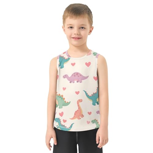 Bolaz Boys Athletic Quick Dry Tank Top Sleeveless Workout T Shirts Age 11-15,Cartoon Dinosaur and Love Pattern2