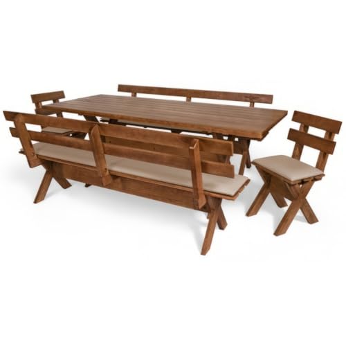 Conjunto Mesa Madeira Maciça Para Churrasco - Mesa + 4 Bancos - Estofados Nude Imbuia