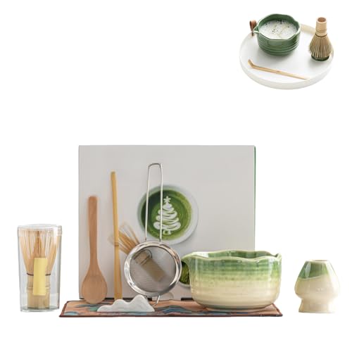 抹茶茶道セット 初心者向けの8点セット 茶碗*1百本立*1茶筅立*1茶撥*1茶漏*1筆架*1茶巾*1木杓子*1箱*1 複数の色を選択可能 (ホワイトグリーン)
