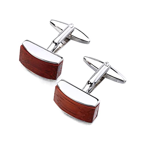 Rockyu Men's Stylish Red Wooden and Silver Square Cufflinks Stainless Steel French Style Business Accessories
