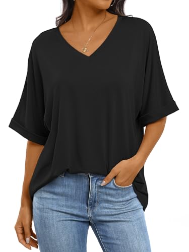 ANRABESS Women's Oversized T Shirts Short Sleeve V Neck Summer Tops Casual Loose Basic Plain Tee Shirts 2025 Clothes Outfits