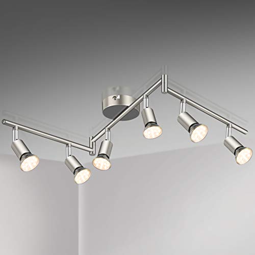 Defurhome LED Deckenleuchte Drehbar, 6 Flammig LED Strahler Deckenlampe Spot,Modern Deckenstrahler (Mattes Nickel), inkl. 6 x 3.5 W GU10 LED Lampen (380LM, warmweiß)