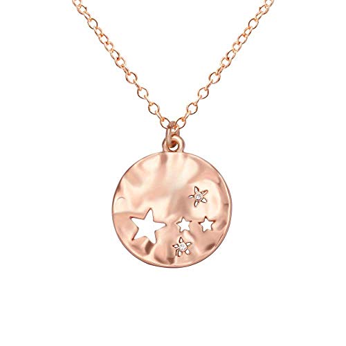 MANZHEN Minimalist Gold Silver Moon and Star Pendant Full Moon Hammered Round Disc Necklace (Rose Gold)