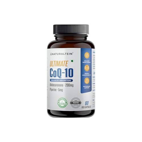 NATURALTEIN Ultimate CoQ-10 200mg with Piperine 5mg | Enhanced Absorption | Supports Energy, Heart & Muscle Health, Antioxidant Support | 60 Veg Capsules