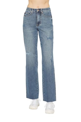 Judy Blue Women's High Waist Tummy Control Raw Hem Straight Jeans