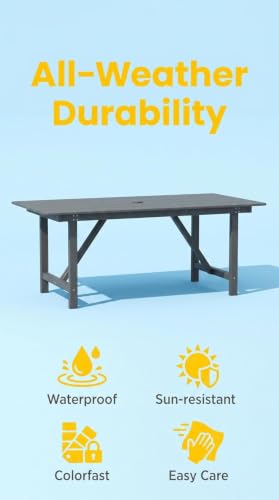 Image of 67'' HDPE Outdoor Dining Table for 6 Rectangular Patio Table for Yard Deck | Dining Table with Umbrella Hole Large Space for 4-6 All-Weather Resistant Heavy Duty Rust-proof Outdoor Indoor Use
