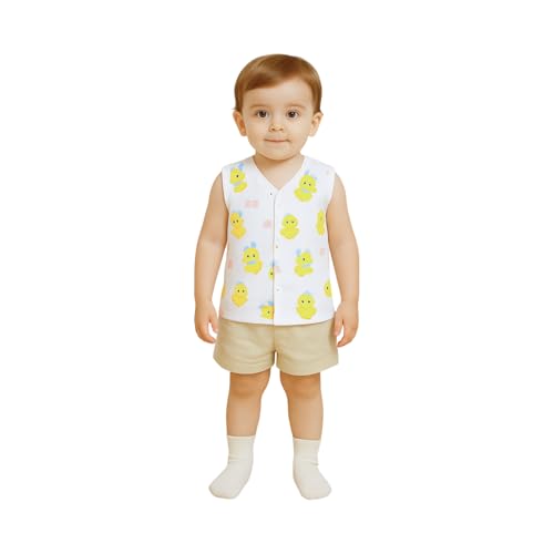 Image of Kidbea Newborn Baby Jhabla Muslin Cotton Clothes for Boys & Girls | Soft Breathable, Cute Printed Sleeveless Baby Wear with Button Closure