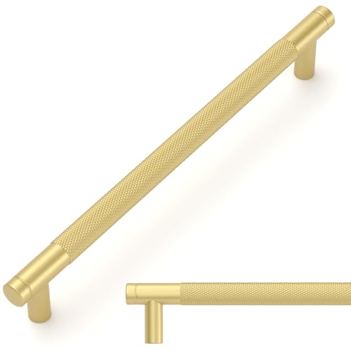 Amerdeco 10 Pack Brushed Gold Knurled Cabinet Pulls 254mm Hole Center Cabinet Hardware Kitchen Cabinet Handles for Bathroom Drawer Pulls Dresser Pulls AM003