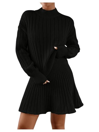 Image of MakeMeChic Women's Sweater Skirt Sets 2 Piece Outfits Ribbed Knit Mock Neck Sweater Pullovers A Line Mini Skirt Set