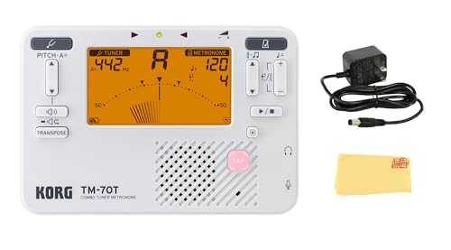 Korg TM-70C Combo Tuner Metronome with Microphone - White Bundle with Power Supply and Austin Bazaar Polishing Cloth