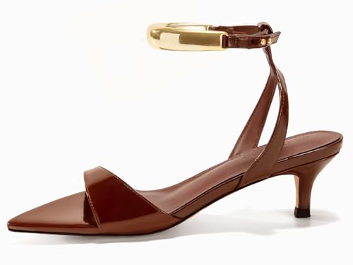 Image of Coutgo Womens Low Kitten Heels Sandals Strappy Pointed Open Toe One Strap Metal Summer Dress Shoes