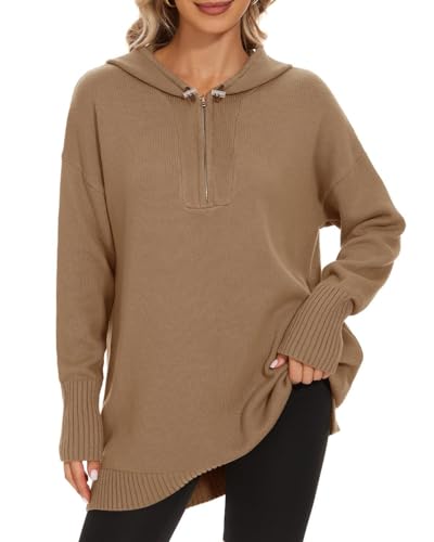 Image of Women's Hooded Sweater Loose Half Zip Drawstring Pullover Sweatshirt Top Casual Long Sleeve Side Slit Knit Hoodie