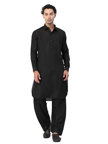 Image of Men's Traditional Pathani Kurta Salwar Set, Red, Long Sleeve, Collared Neck, Cotton Blend, Ethnic Wear