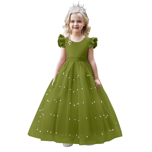 Flower Girl Dress Flying Sleeve Girls Pageant Dresses Pearls Tulle First Communion Dress V-Back Wedding Formal Ball Gown with Bow, Olive 16