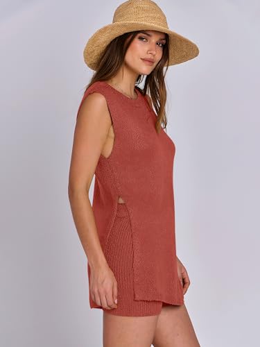 Image of ANRABESS Women Summer 2 Piece Outfits Sleeveless Knit Sweater Top & Shorts Soft Lounge Sets Travel Beach 2026 Spring Clothes Rust Small