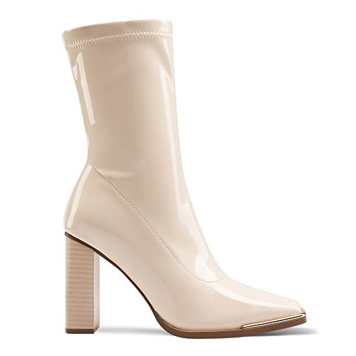 DREAM PAIRS Women's Square Toe Gogo Boots Elastic Ankle Boots High Chunky Block Heel Mid Calf Boots,Size 8.5,Beige White/Pu,SDMB2206W