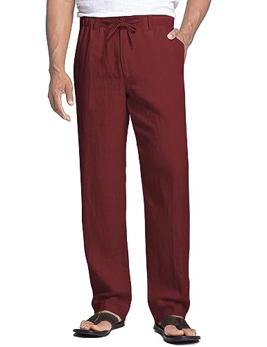 COOFANDY Herren Hose Lange Leinenhose mit Kordelzug Leicht Sommerhose Freizeithose Strandhose Stoffhose Gummibund Lässige Sommer Herrenhose Weinrot 3XL