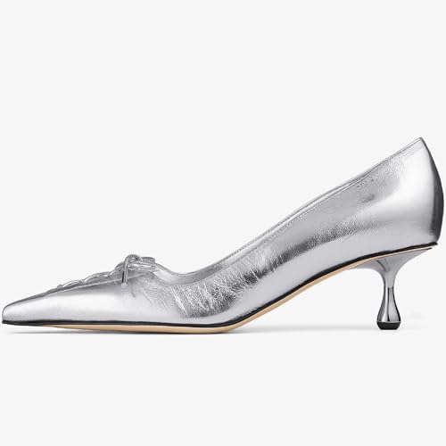Image of Women's Pointed Toe Heels with Bow Pearl, 3.15 inch Kitten Heels Slip on Stiletto Pumps for Designer Dress Shoes