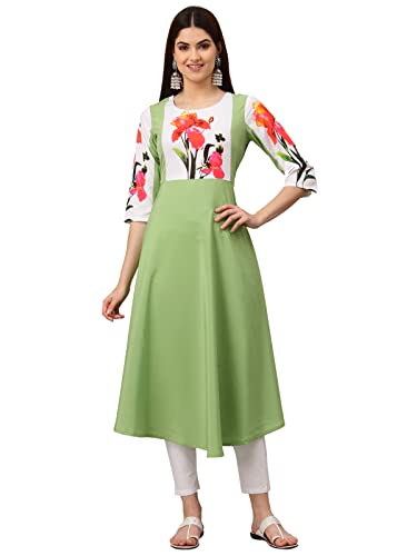 Image of Women's Crepe A-Line Printed Kurti(ALC9121PST1 Mint Green Large)