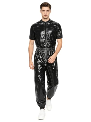 inhzoy Herren Wetlook Body PVC Overall Mit Reißverschluss Arbeitsoverall Wasserdicht Inkontinenz Pyjama Windelbody Erwachsene B Schwarz 3XL