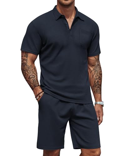 QUNERY Ensemble Ete Homme 2 Piece Fashion Casual Tracksuit Ensemble Short Tee Polo Shirt Homme Survêtement pour Travail Plage Vacances Bleu Marine M