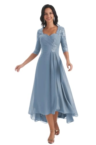 JKMMYO Mother of The Bride Dresses for Wedding Ruched Chiffon Dusty Blue Bridesmaid Dresses for Women 3/4 Sleeves Size 14
