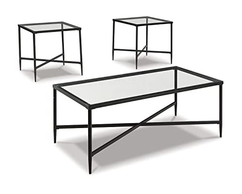 Signature Design by Ashley Augeron Contemporary Glass Top 3-Piece Table Set, Includes Coffee Table & 2 End Tables, Black