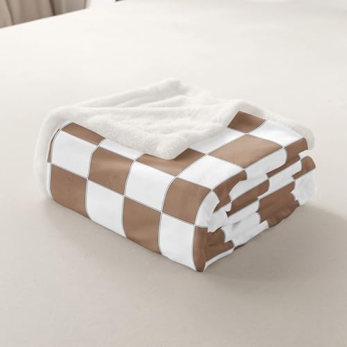 Image of Erosebridal Geometric Checkered Sherpa Blanket White Khaki Checkerboard Grid Fleece Bed Blanket Queen 90 inchX90 inch,Buffalo Plaid Gingham Throw Blanket for Kids Adults Men Geometrical Fuzzy Blanket