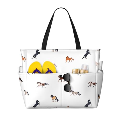 VOSERY Bolsas de playa grandes impermeables a prueba de arena – Cute Horse No.20154 Cute Beach Tote Bags para mujer con cremallera