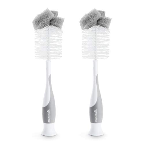 2-In-1 Sponge & Baby Bottle Brushes for Cleaning | Bottle Cleaner Brush & Water Bottle Brush Set | Soft & Reusable with Built In Teat Brush | Dishwasher Safe | 2 Pack | Grey