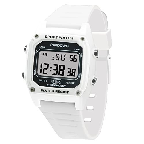 PINDOWS Watch for Men, Men's Digital Military Sport Watch Date Multi Function Seven Color LED Alarm Stopwatch,50M Waterproof Men Sport Calendar Watches 12H/24H Display,Multiple Colors Optional.