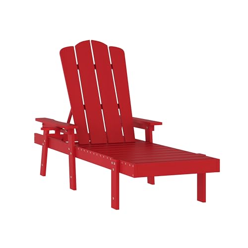 Flash Furniture Sonora Adjustable Adirondack Lounger with Cup Holder, Commercial Grade All-Weather-Weather Indoor/Outdoor Recycled HDPE Lounge Chair, Red