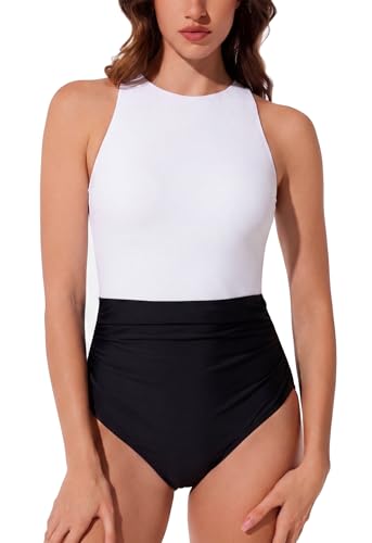 RXRXCOCO Women Tummy Control One Piece Swimsuit Bathing Suit 2026 Ruched High Neck Full Coverage Slimming Beach Swimwear White S — view 4