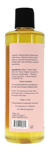Image of Claya Pink Grapefruit Liquid Castile Soap Organic Ingredients, Biodegradable, Gentle for Sensitive Skin and Versatile Use (16 fl oz Disc Cap)