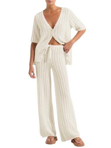 Imily Bela Women's Summer 2 Piece Swimsuit Cover up Crochet Knit Cardigan Tops Long Pants Set Bathing Suit Beach Outfit White