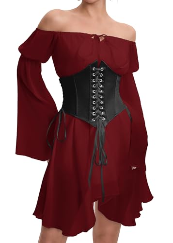 Image of Womens Corset Dresses Off Shoulder Bell Sleeve Casual Party Fairy Two Piece Outfits Bustier Dress