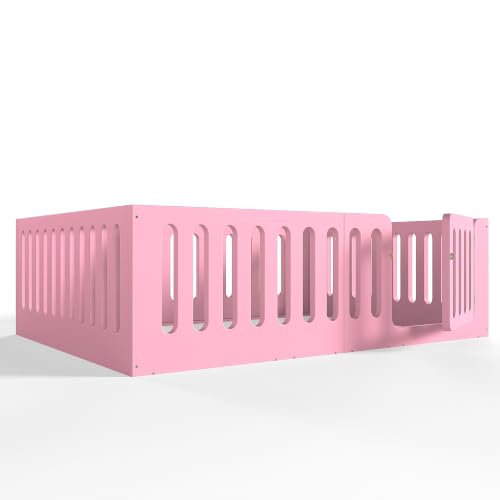 Image of Bellemave Queen Montessori Floor Bed Frame,Pink | Solid wood kids montessori floor bed with high safety fence & door, low to ground design for girls and boys