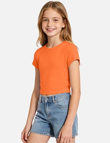 Image of Auranso Girls Crop Tops Kids Short Sleeve T-Shirts Basic Summer Tee Top
